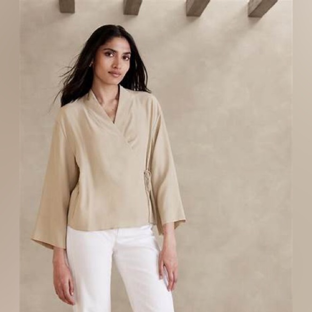 Banana Republic Beige Silk Wrap-Front Long-Sleeve Top